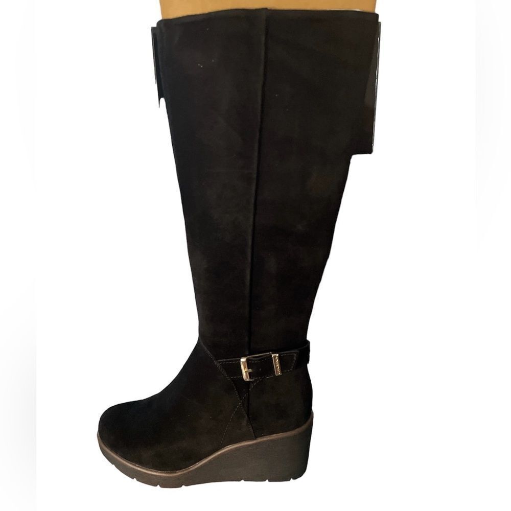 GIANI BERNINI Women's Black Buckle Accent Atlinaa Round Toe Wedge Zip Up Leather